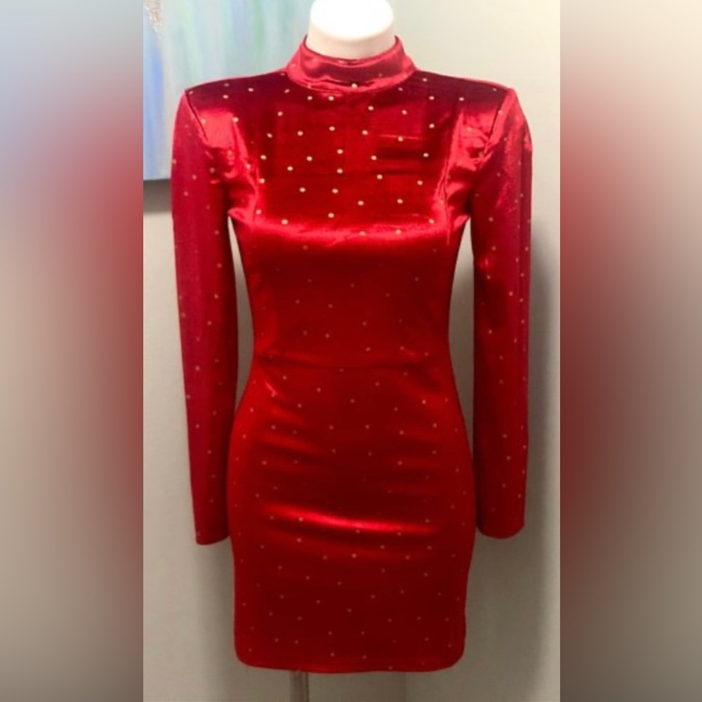 Free People Red Velvet Long Sleeve Polka Dot Dress Size S